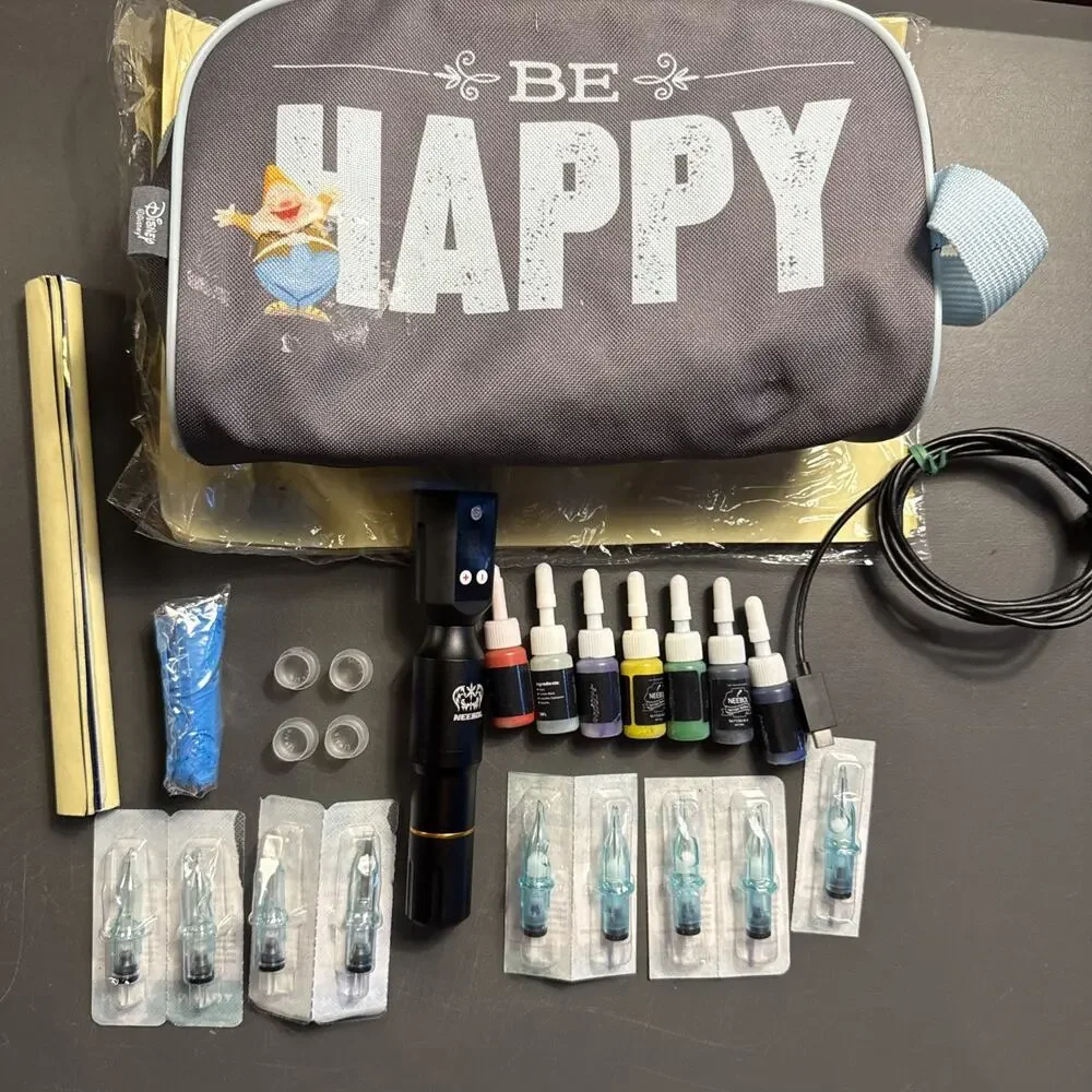 Complete Neebol Rotary Tattoo Pen Kit Machine Inks Cartridge Needles Set